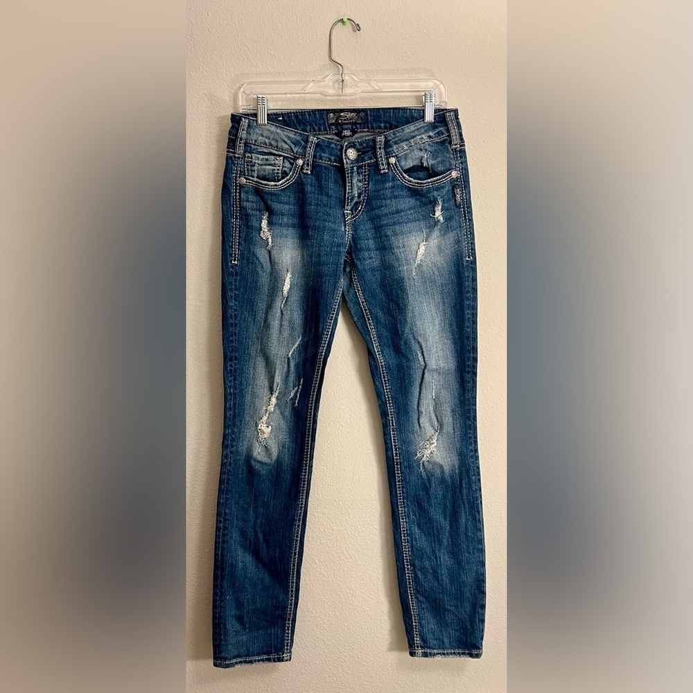 Silver Jeans Women's Distressed Blue Straight Leg Jeans